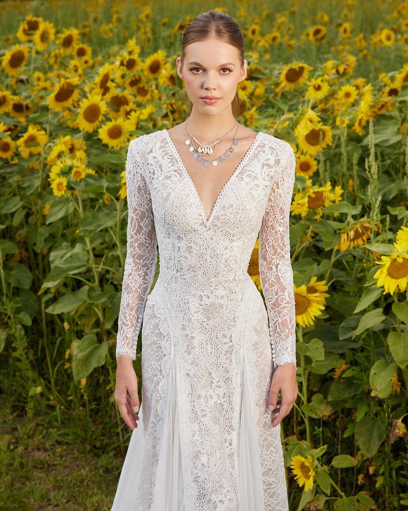 Lp2218 open back boho wedding dress with lace sleeves and v neckline3